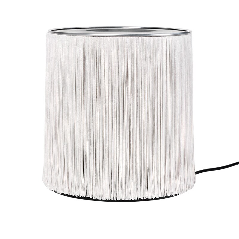 Model 597 bordslampa polished aluminum/cream fringe